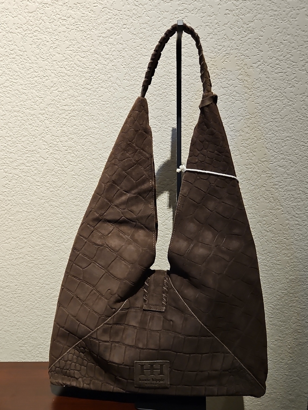 Haute Hippie - Chocolate Brown Croc Genuine Suede Leather Triangle Hobo Bag - Picture 2 of 5